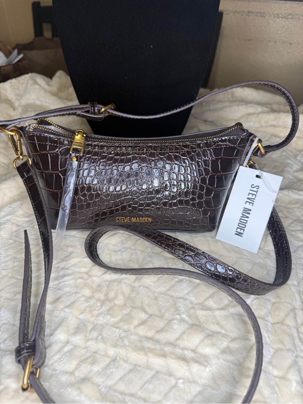 Steve Madden Dark Brown Croc-Embossed Crossbody Bag with Gold Hardware